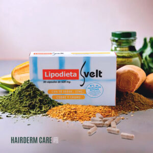 Caja de Lipodieta Svelt con 30 cápsulas para reducir grasa localizada y celulitis, acompañada de ingredientes naturales como té verde, zinc, cobre y cromo, destacando su eficacia en tratamientos para eliminar grasa sin cirugía.