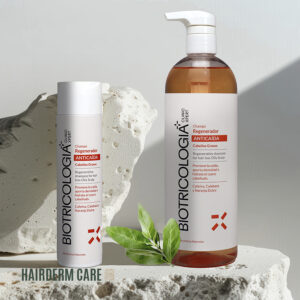 Champú regenerador anticaída para cabellos grasos de Biotricología en envase blanco y marrón con bomba dispensadora, rodeado de naturaleza, destacando ingredientes naturales como la cafeína y extractos vegetales para fortalecer el cabello y prevenir la caída