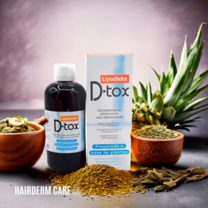 Envase y caja de Lipodieta D-Tox, un complemento alimenticio a base de plantas, mostrado junto a ingredientes naturales como hojas verdes y semillas. Perfecto para la depuración del organismo y la eliminación de toxinas.