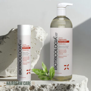 Productos de champú regenerador anticaída Biotricología para cabellos secos. Presentación en botella dispensadora y tubo, acompañados de una planta de aloe vera, enfatizando sus ingredientes naturales como extracto de avena y glicerina